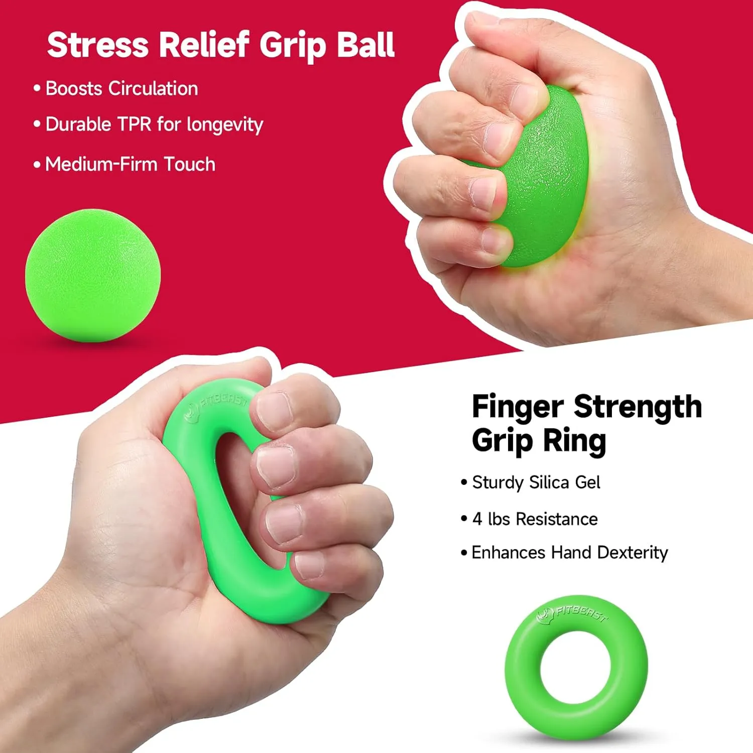 FitBeast Hand Grip Strengthener Workout Kit (5 Pack), 2 Forearm Grip Adjustable Resistance Hand Gripper, Finger Stretcher, Grip Ring & Stress Relief Grip Ball for Athletes