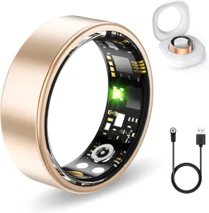 Fitness Tracker Ring for Women Men, Fit Ring with Heart Rate,Blood Oxygen,Blood Pressure, Sleep Tracker, Step Tracker, No Subscription Fee, IP68 Waterproof Smart Ring for iphone & Android (Gold, 9#)