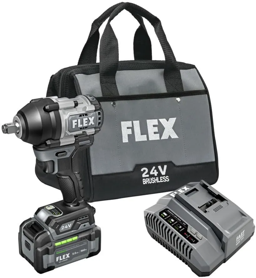 FLEX 24V Brushless Cordless 1/2-Inch 750 Ft-Lbs Mid-Torque Impact Wrench Kit with 5.0Ah Lithium Battery and 160W Fast Charger - FX1451-1C