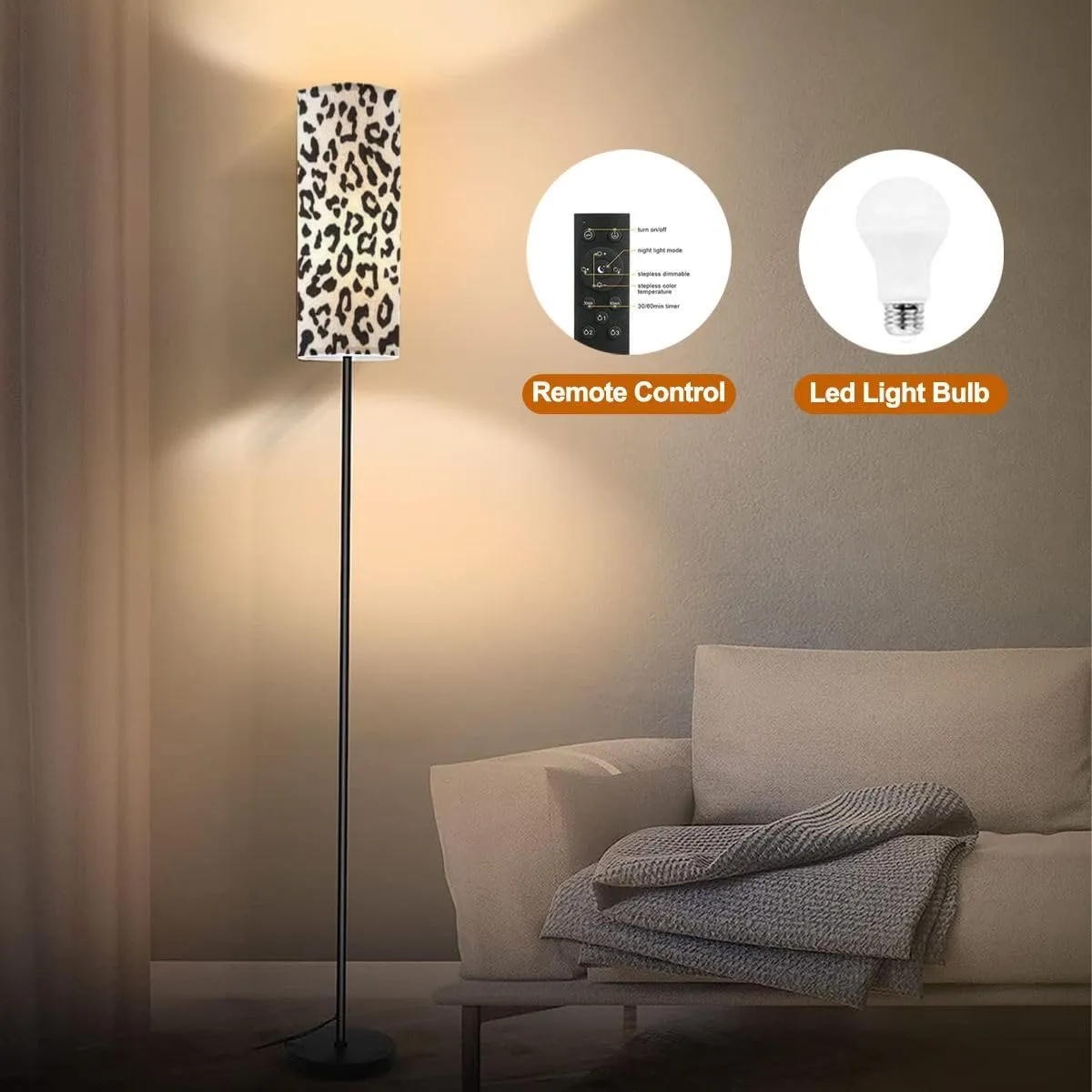 Floor Lamp for Living Room Animal Skin Pattern Seamless for Fabric Wrapping Modern Standing Lamp Remote Control Dimmable Pole Lamp Corner Tall Lamp for Office Bedroom Reading
