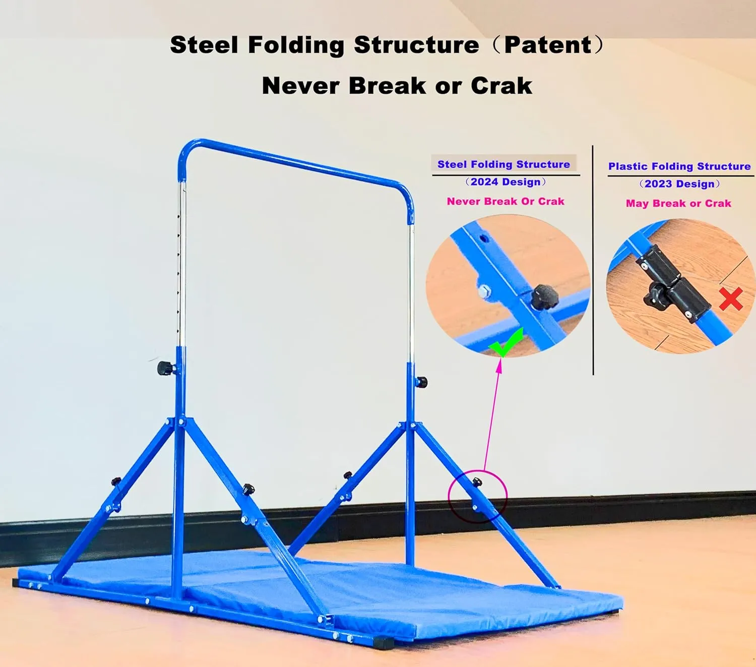 Foldable Gymnastic Bar for Kids Ages 3-12, 9 Height Levels, 200 lbs Weight Capacity, 5 Ft Length Gymnastic Kip Bar with Mat, Gymnastic Equipment for Home and Gym Center Indoor Outdoor Use