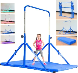 Foldable Gymnastic Bar for Kids Ages 3-12, 9 Height Levels, 200 lbs Weight Capacity, 5 Ft Length Gymnastic Kip Bar with Mat, Gymnastic Equipment for Home and Gym Center Indoor Outdoor Use