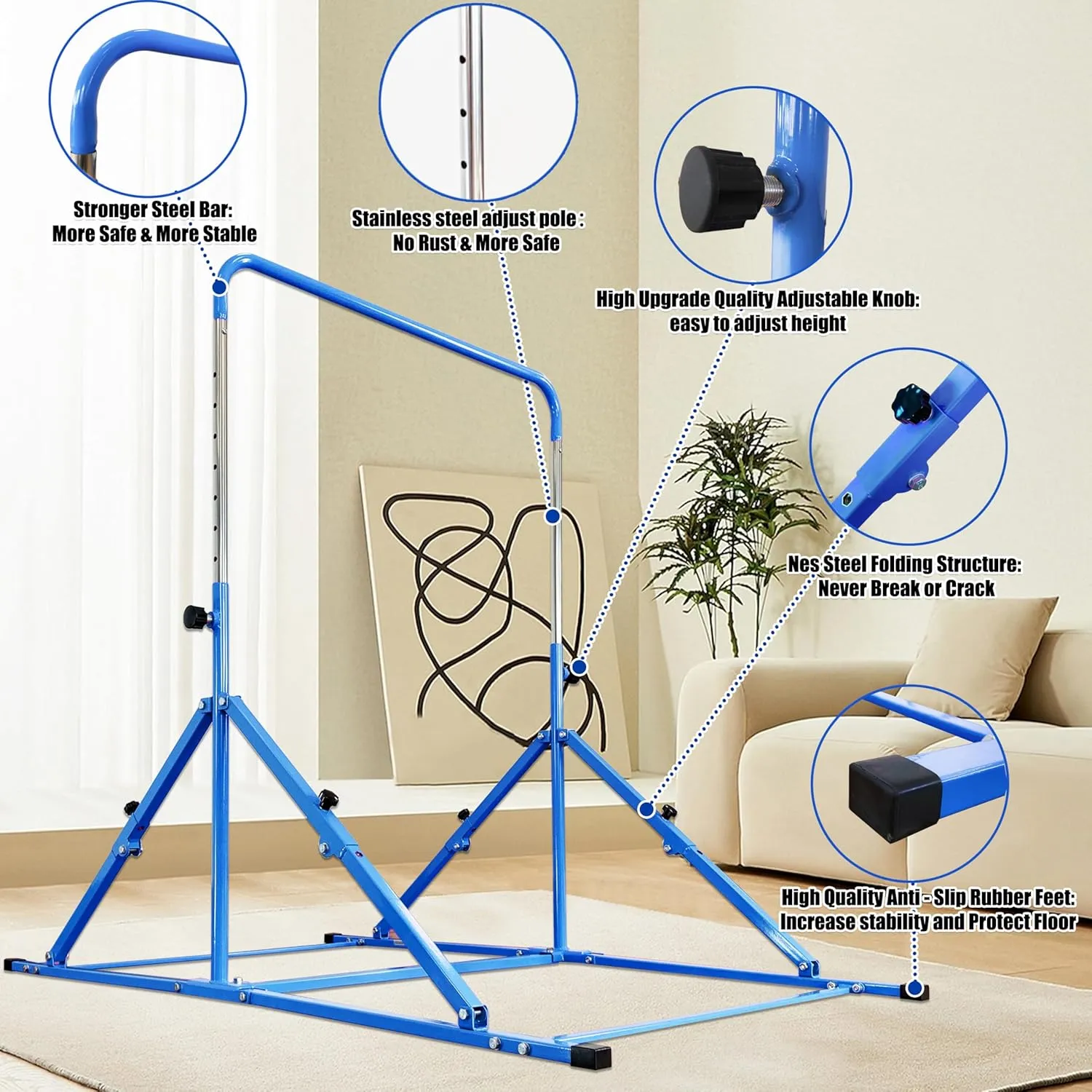 Foldable Gymnastic Bar for Kids Ages 3-12, 9 Height Levels, 200 lbs Weight Capacity, 5 Ft Length Gymnastic Kip Bar with Mat, Gymnastic Equipment for Home and Gym Center Indoor Outdoor Use