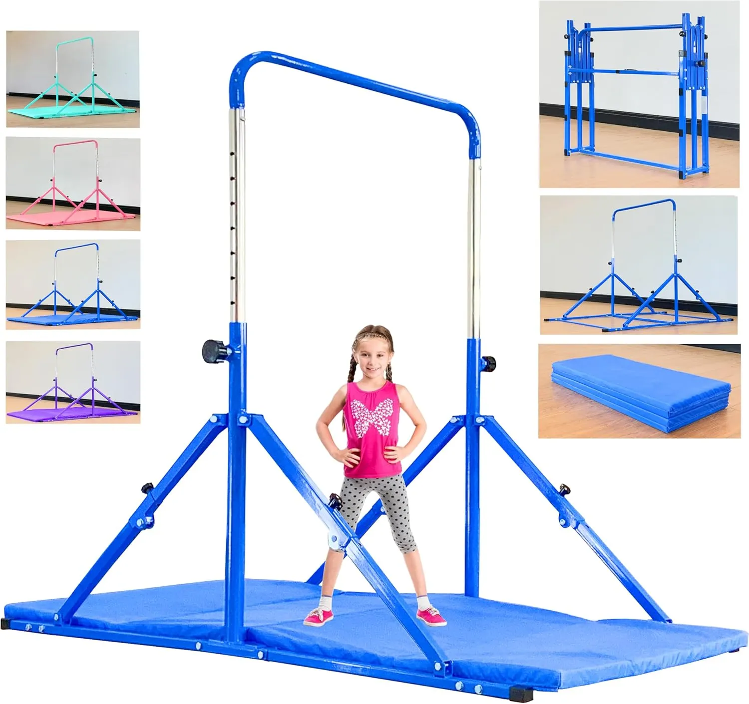Foldable Gymnastic Bar for Kids Ages 3-12, 9 Height Levels, 200 lbs Weight Capacity, 5 Ft Length Gymnastic Kip Bar with Mat, Gymnastic Equipment for Home and Gym Center Indoor Outdoor Use