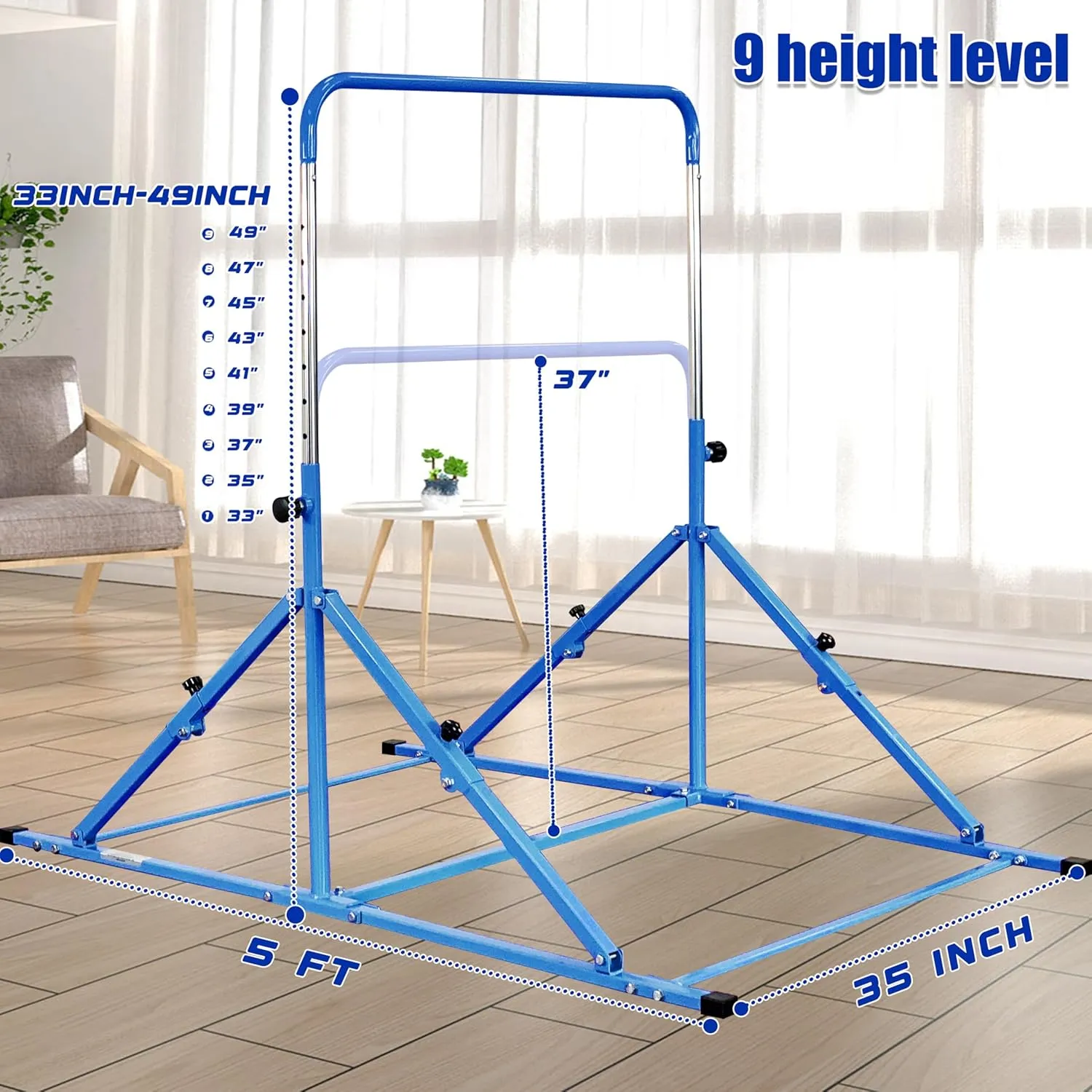 Foldable Gymnastic Bar for Kids Ages 3-12, 9 Height Levels, 200 lbs Weight Capacity, 5 Ft Length Gymnastic Kip Bar with Mat, Gymnastic Equipment for Home and Gym Center Indoor Outdoor Use