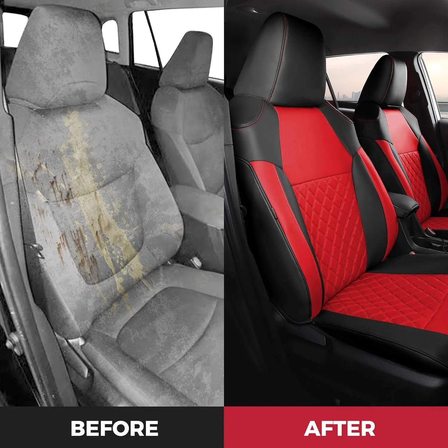 FREESOO Custom 1:1 Seat Covers for Corolla Cross L LE XLE 2025 2024 2023 2022 2021, Not for Hybrid, Faux Leather Seat Covers Full Set - BlackRed