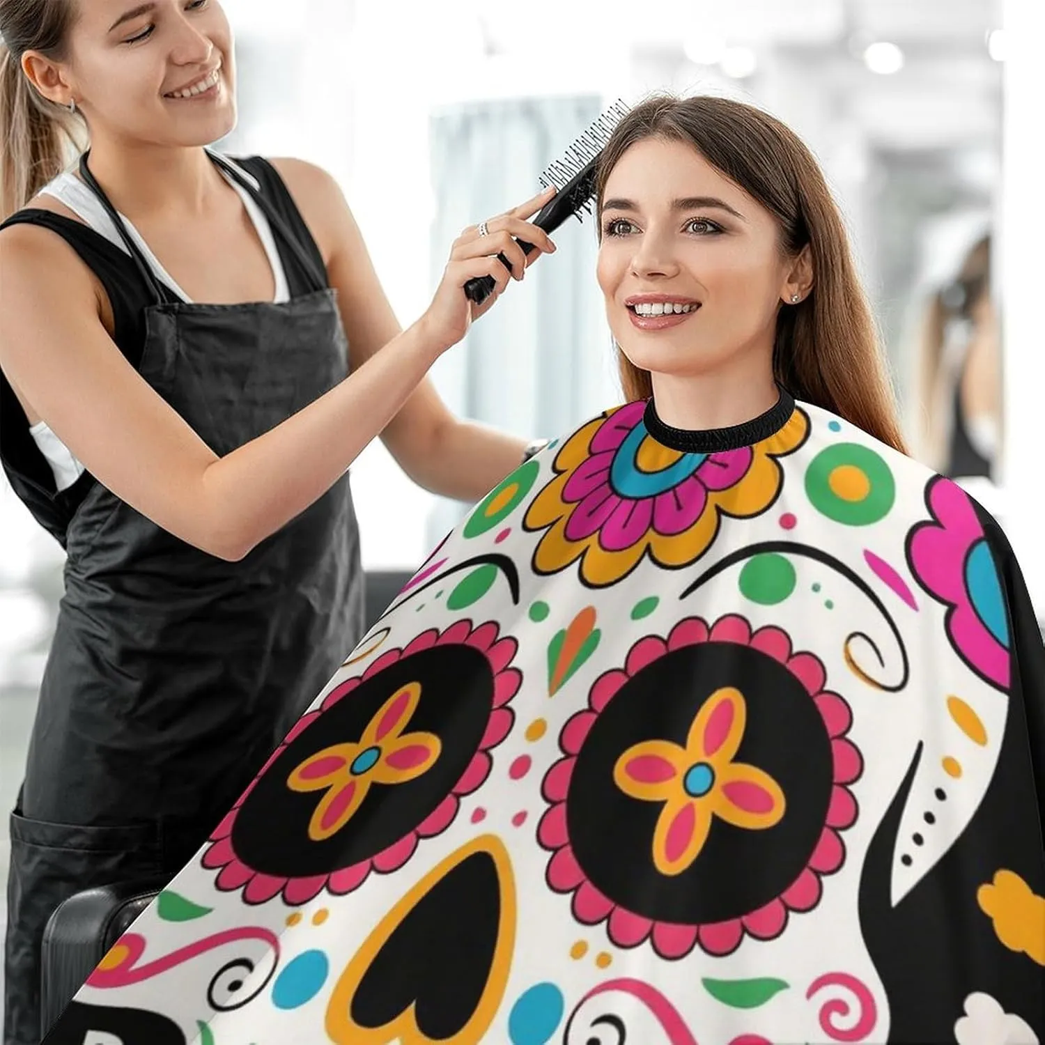 Full Coverage Hair Cutting Cape - Hairdressing Apron Mexican Sugar Skull Flower Art Hair-Cutting Gown for Makeup Artist Beautician