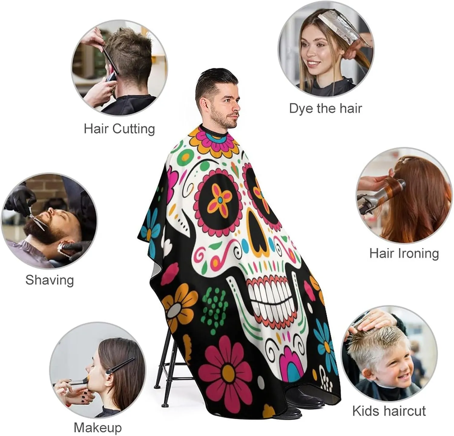 Full Coverage Hair Cutting Cape - Hairdressing Apron Mexican Sugar Skull Flower Art Hair-Cutting Gown for Makeup Artist Beautician