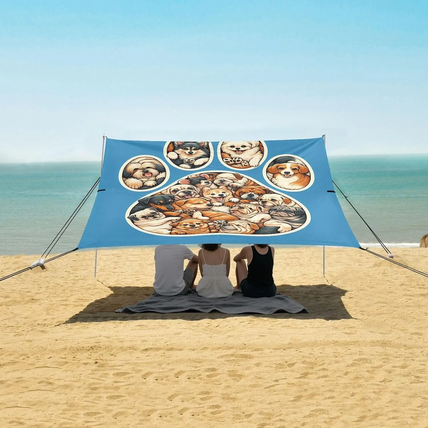 Funny French Bulldog Paw Beach Canopy Tent Anti-UV & Wind Resistant, Camping Sun Shelter Easy Setup Portable,Outdoor Shade Tents with Sandbags,Sand Shovels,Ground Pegs & Stability Poles