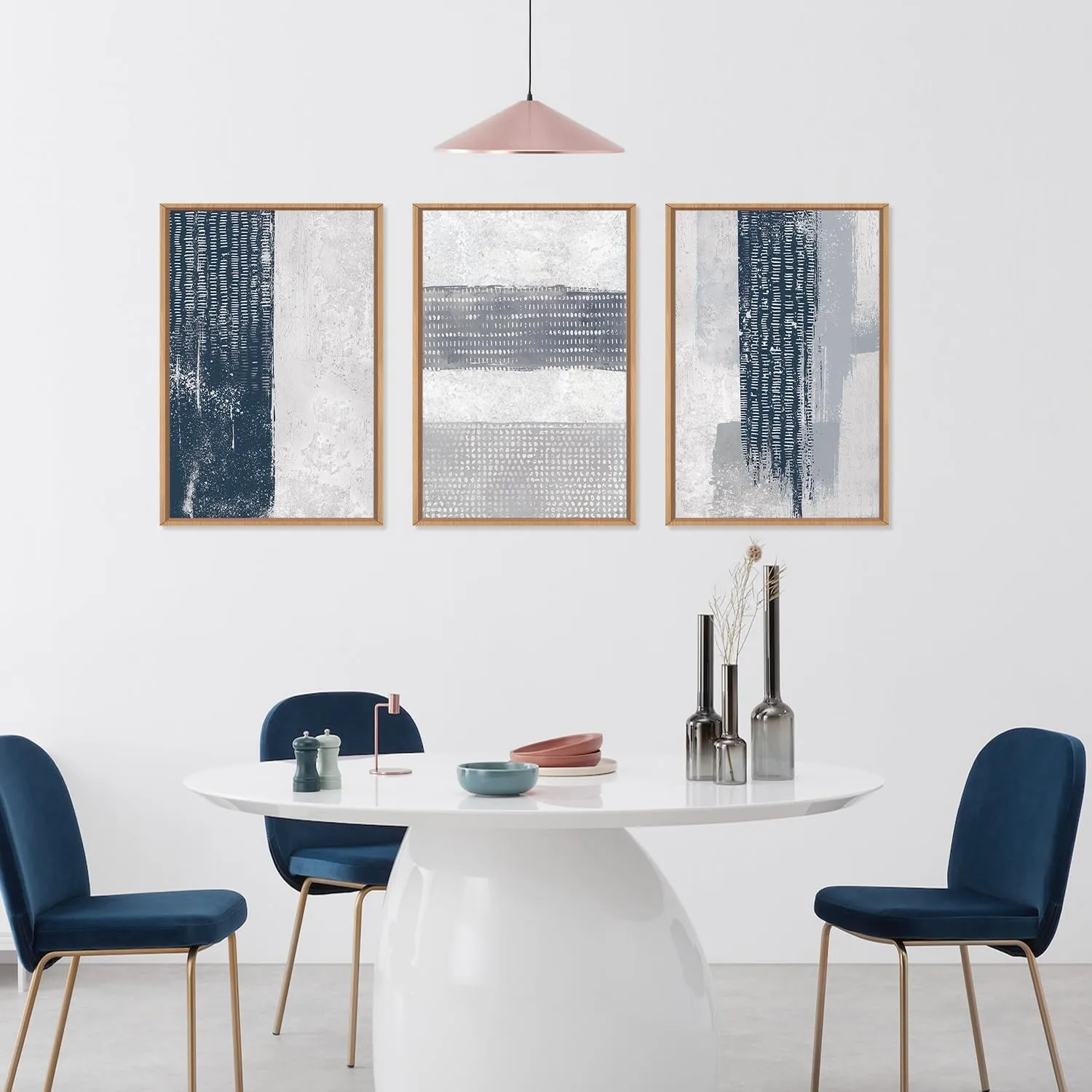 FWIEXA Abstract Framed Canvas Wall Art Set, Neutral Minimalist Wall Decor, Navy Blue and White Texture Wall Painting, Mid Century Modern Art Print for Living Room, Bedroom, Office - 24”x36”x3