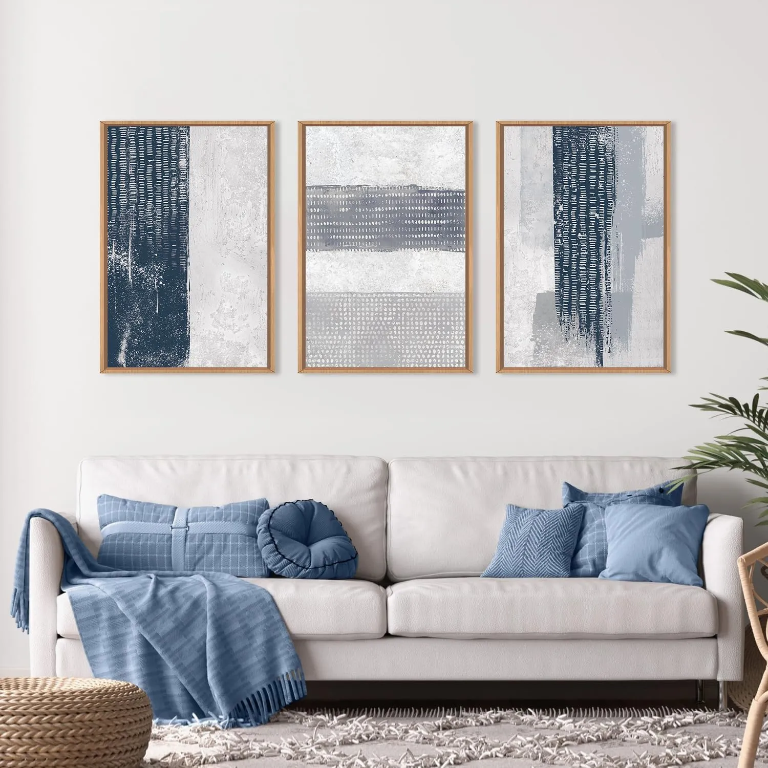 FWIEXA Abstract Framed Canvas Wall Art Set, Neutral Minimalist Wall Decor, Navy Blue and White Texture Wall Painting, Mid Century Modern Art Print for Living Room, Bedroom, Office - 24”x36”x3