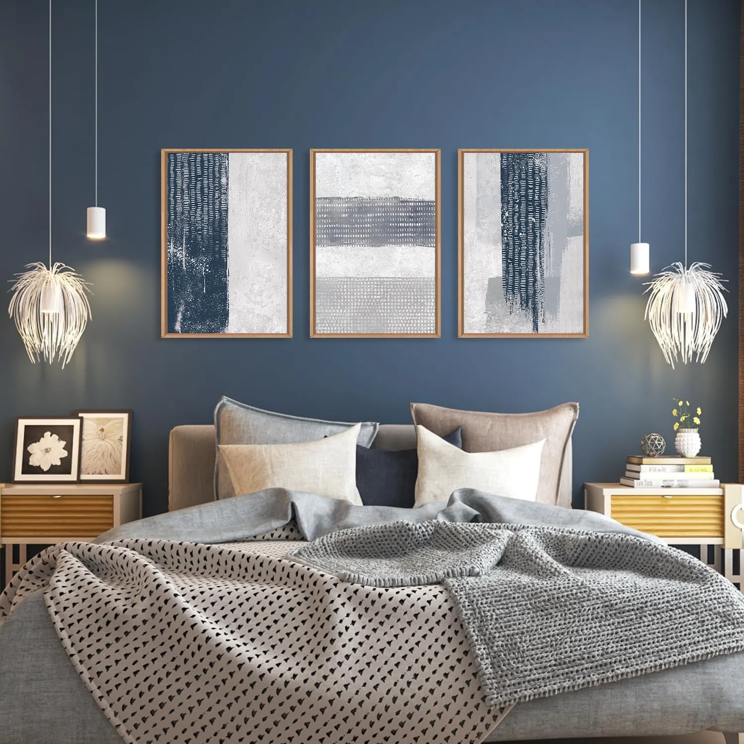 FWIEXA Abstract Framed Canvas Wall Art Set, Neutral Minimalist Wall Decor, Navy Blue and White Texture Wall Painting, Mid Century Modern Art Print for Living Room, Bedroom, Office - 24”x36”x3
