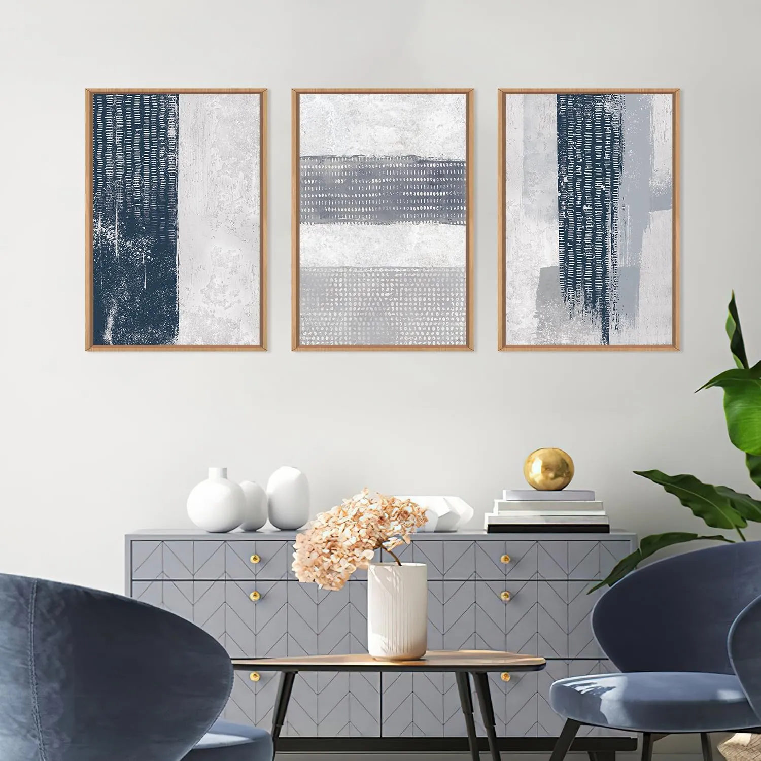 FWIEXA Abstract Framed Canvas Wall Art Set, Neutral Minimalist Wall Decor, Navy Blue and White Texture Wall Painting, Mid Century Modern Art Print for Living Room, Bedroom, Office - 24”x36”x3