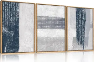 FWIEXA Abstract Framed Canvas Wall Art Set, Neutral Minimalist Wall Decor, Navy Blue and White Texture Wall Painting, Mid Century Modern Art Print for Living Room, Bedroom, Office - 24”x36”x3