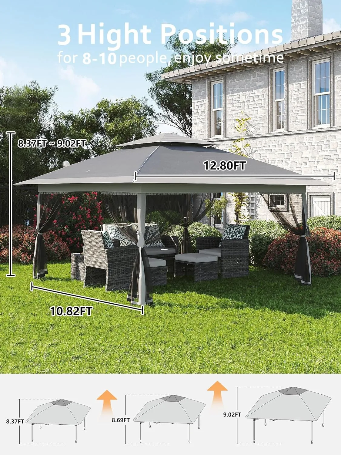 Garvee 13x13FT Pop Up Gazebo, Canopy Tent with Mosquito Netting,Outdoor Gazebos for Backyard & Patio Furniture - Pop Up Tent with Wheeled STO-N-Go Cover Bag (Dark Grgy Light Grey)