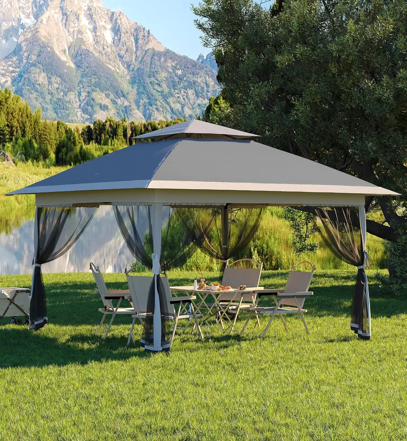 Garvee 13x13FT Pop Up Gazebo, Canopy Tent with Mosquito Netting,Outdoor Gazebos for Backyard & Patio Furniture - Pop Up Tent with Wheeled STO-N-Go Cover Bag (Dark Grgy Light Grey)