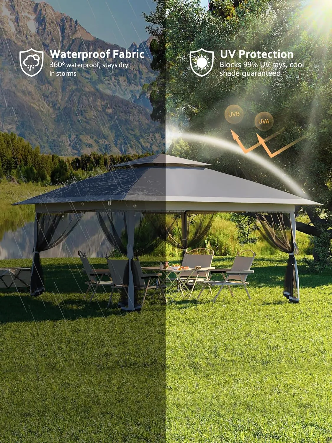 Garvee 13x13FT Pop Up Gazebo, Canopy Tent with Mosquito Netting,Outdoor Gazebos for Backyard & Patio Furniture - Pop Up Tent with Wheeled STO-N-Go Cover Bag (Dark Grgy Light Grey)
