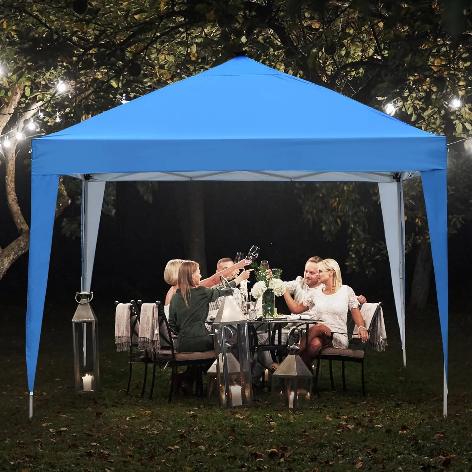GDY 10ft Instant Lighted Canopy Patio Pop up Gazebo Canopy Tent with Carry Bag and Remote Control, Solar Power and Batteries,Blue
