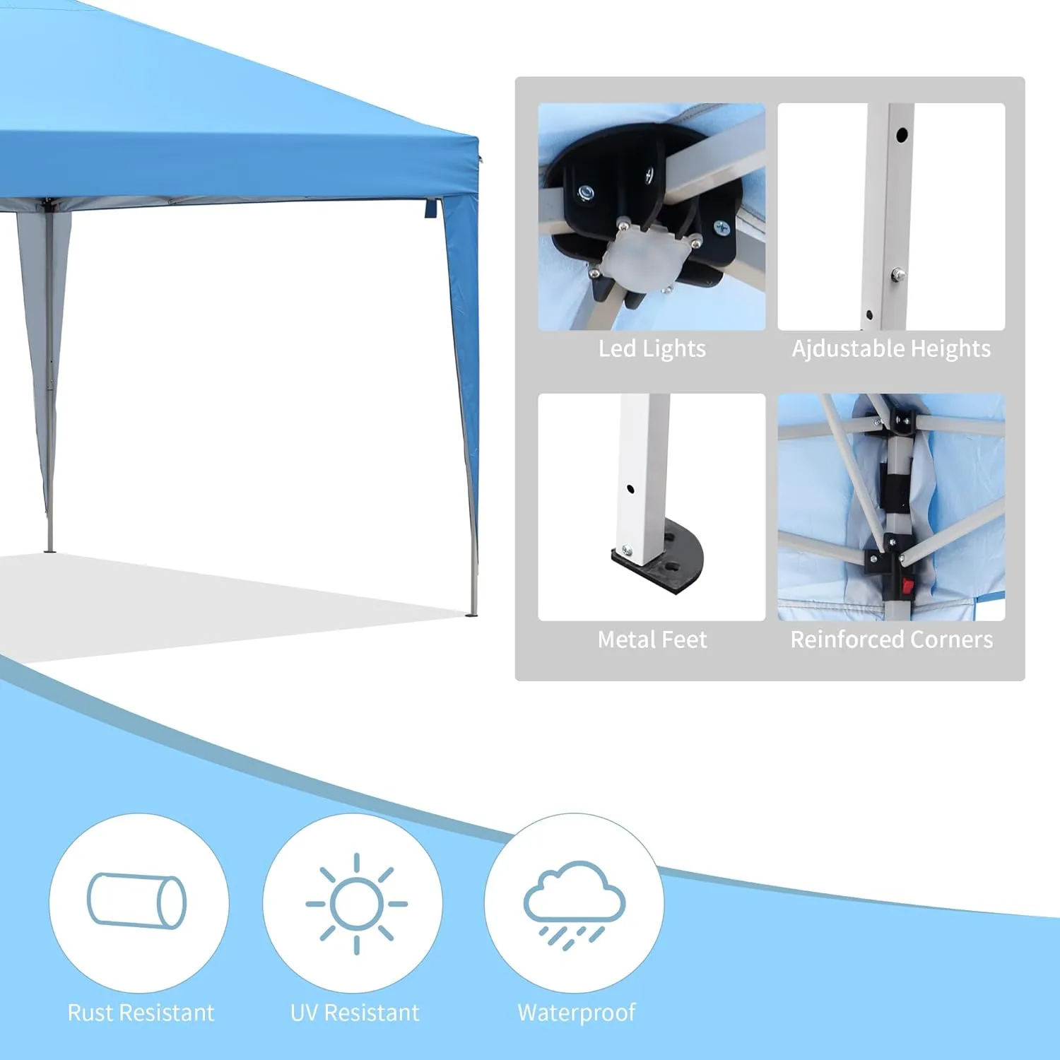 GDY 10ft Instant Lighted Canopy Patio Pop up Gazebo Canopy Tent with Carry Bag and Remote Control, Solar Power and Batteries,Blue