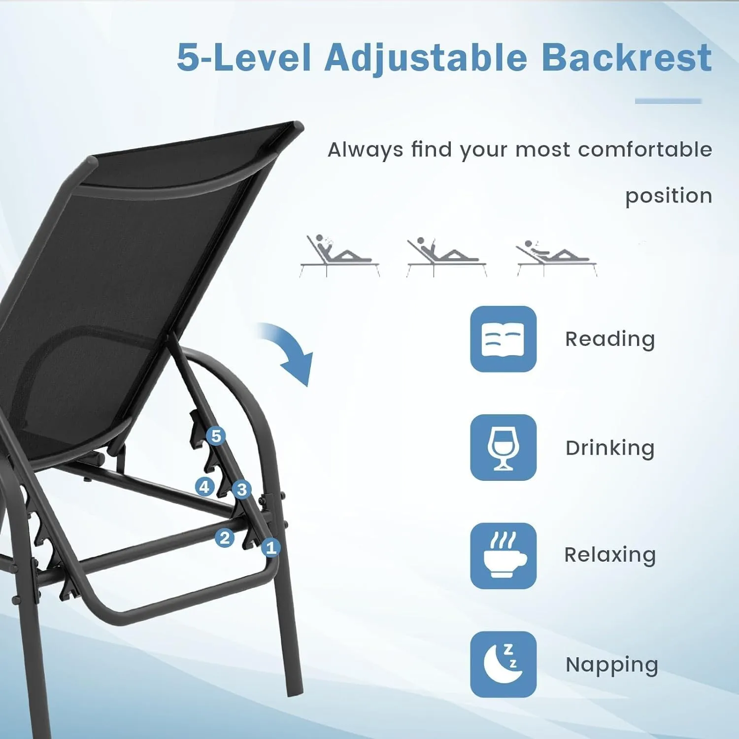 Giantex Patio Lounge Chair, Outdoor Chaise Lounge with 5 Adjustable Backrest, Sturdy Steel Frame, Sunbathing Recliner, Beach Chair, Tanning Chair for Outside, Yard, Balcony, Pool Chairs, Black