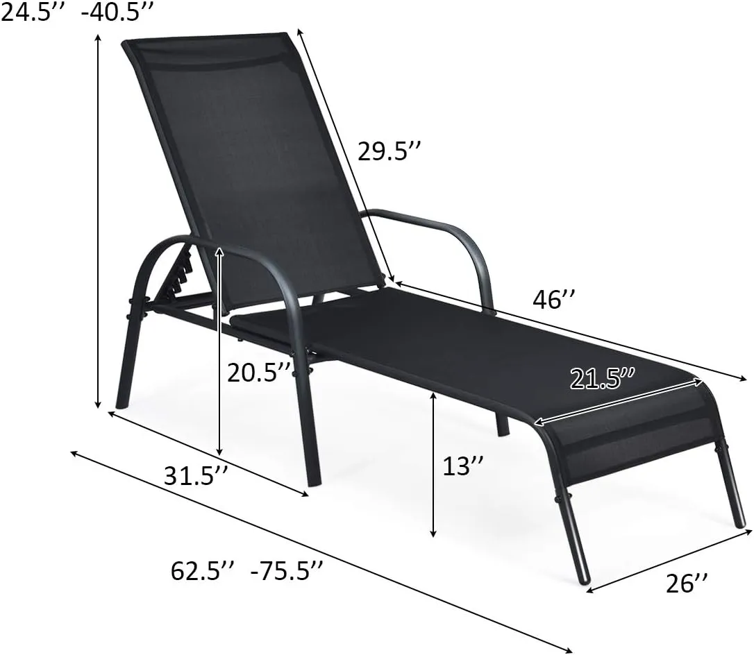 Giantex Patio Lounge Chair, Outdoor Chaise Lounge with 5 Adjustable Backrest, Sturdy Steel Frame, Sunbathing Recliner, Beach Chair, Tanning Chair for Outside, Yard, Balcony, Pool Chairs, Black