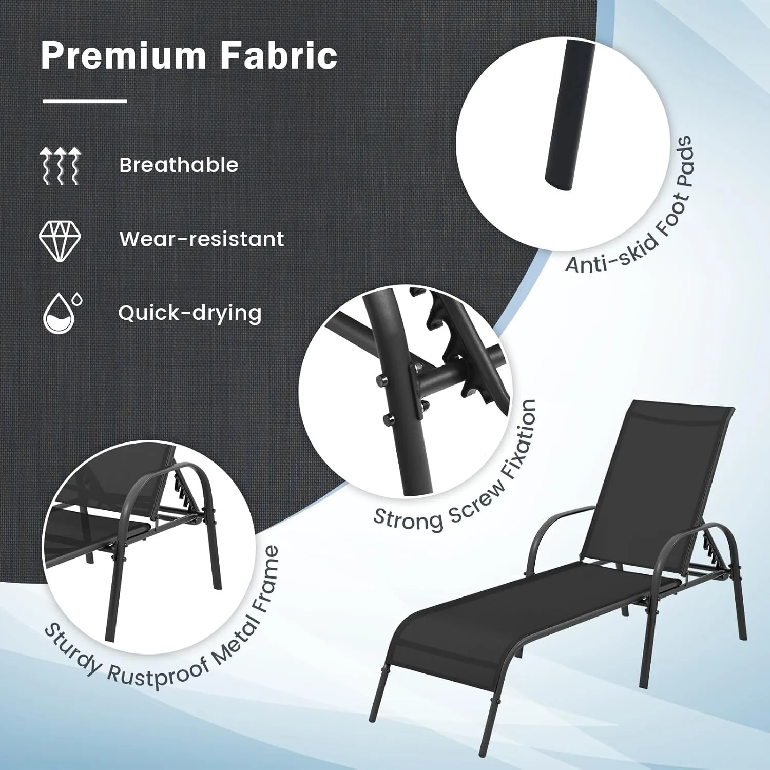 Giantex Patio Lounge Chair, Outdoor Chaise Lounge with 5 Adjustable Backrest, Sturdy Steel Frame, Sunbathing Recliner, Beach Chair, Tanning Chair for Outside, Yard, Balcony, Pool Chairs, Black