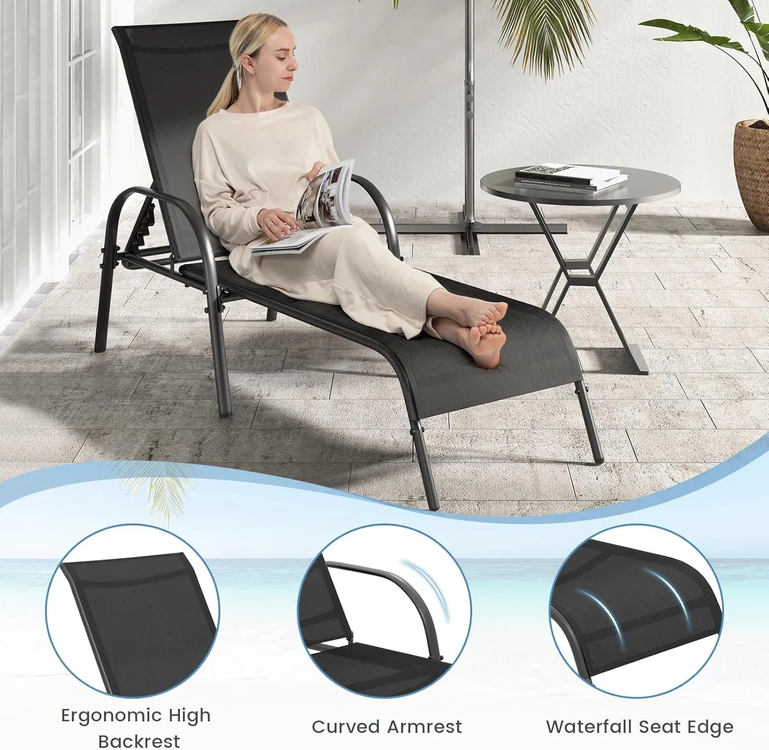 Giantex Patio Lounge Chair, Outdoor Chaise Lounge with 5 Adjustable Backrest, Sturdy Steel Frame, Sunbathing Recliner, Beach Chair, Tanning Chair for Outside, Yard, Balcony, Pool Chairs, Black