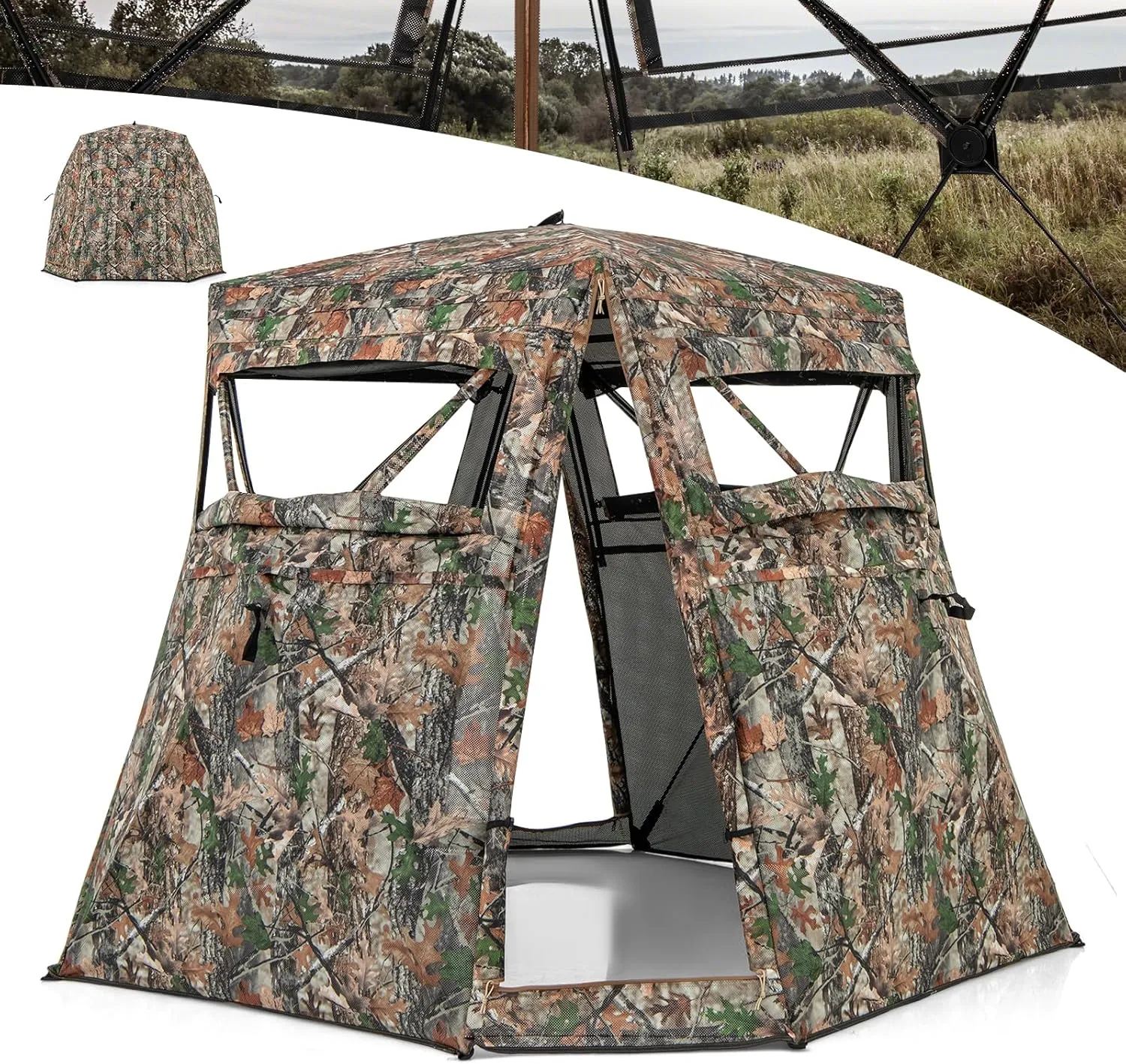 Goplus Camouflage Hunting Blind, One-Way See-Through Hunting Tent w/360° Viewing Range, Carrying Bag, 4 Openings & 4 Windows, Pop up Stakeout Camouflage Ground Blind for Deer & Turkey Hunting