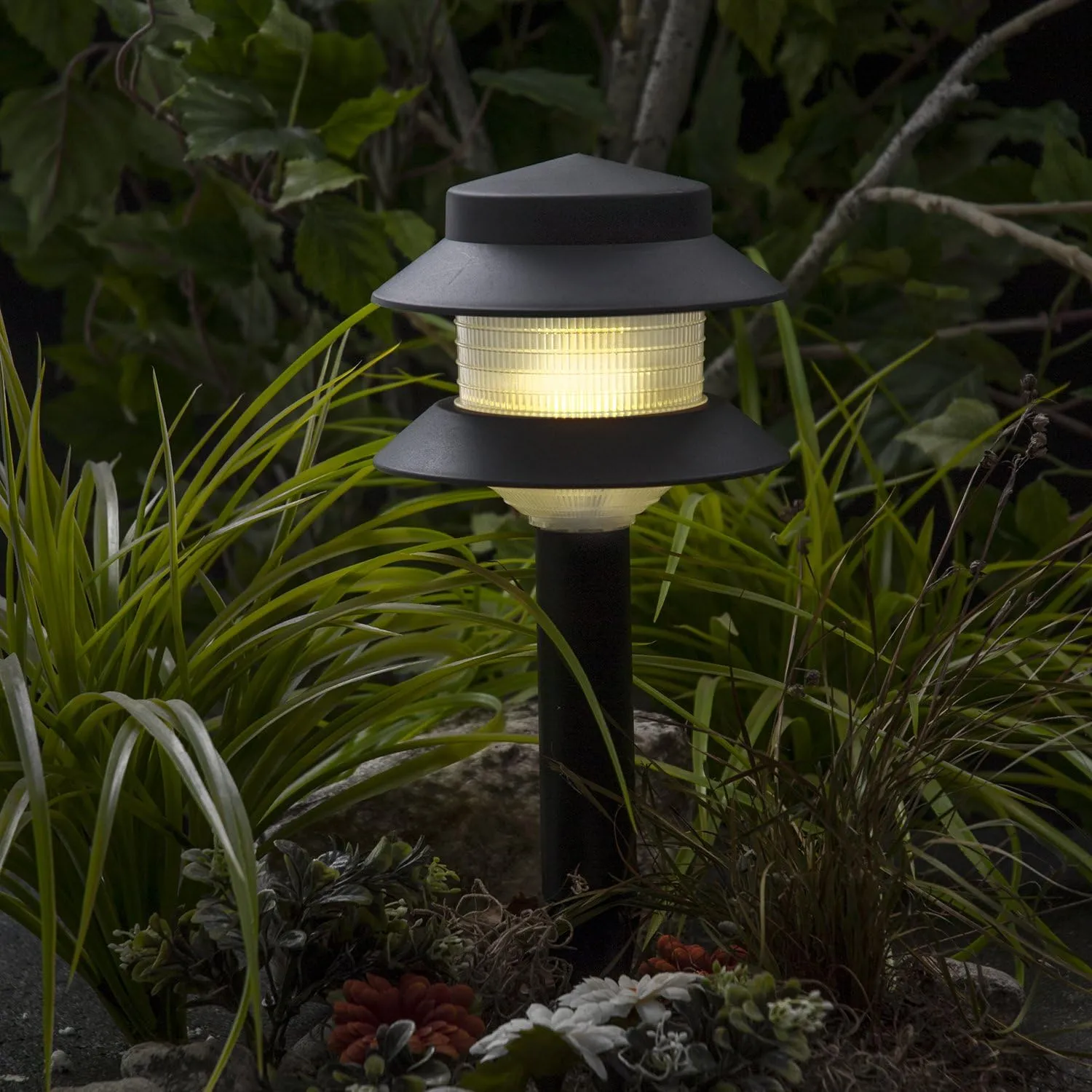 GreenLighting 35 Lumen Modern 2-Tier Low Voltage Path Light - Outdoor 2.5 Watt Landscape Light (12 Pack, Black)