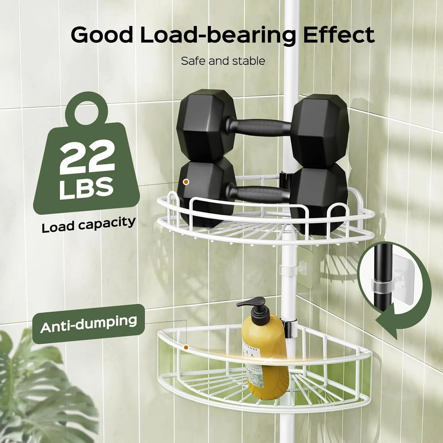 HAMITOR Corner Shower Caddy Tension Pole: Rustproof Bathroom Organizer Shelves for Bathtub Shampoo Accessories Storage Holder - 47-121 Inch Adjust - White