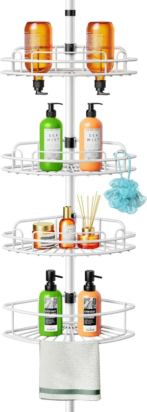 HAMITOR Corner Shower Caddy Tension Pole: Rustproof Bathroom Organizer Shelves for Bathtub Shampoo Accessories Storage Holder - 47-121 Inch Adjust - White