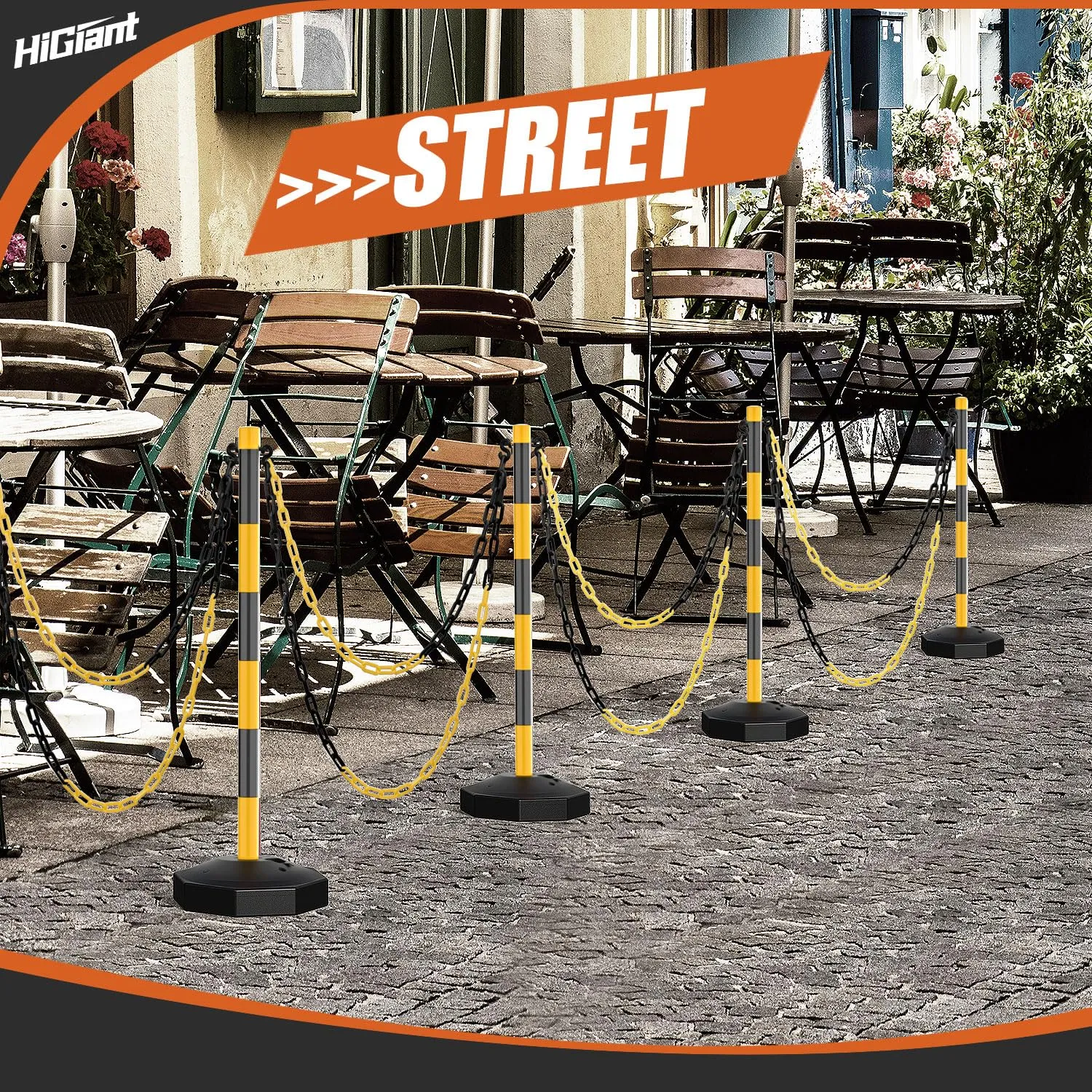 HiGiant 2 Pack Portable Delineator Post Cones with Fillable Base, Expandable Traffic Safety Barriers, 8 Ft Plastic Chain Stanchion for Parking Lot and Construction lot [Black/Yellow]
