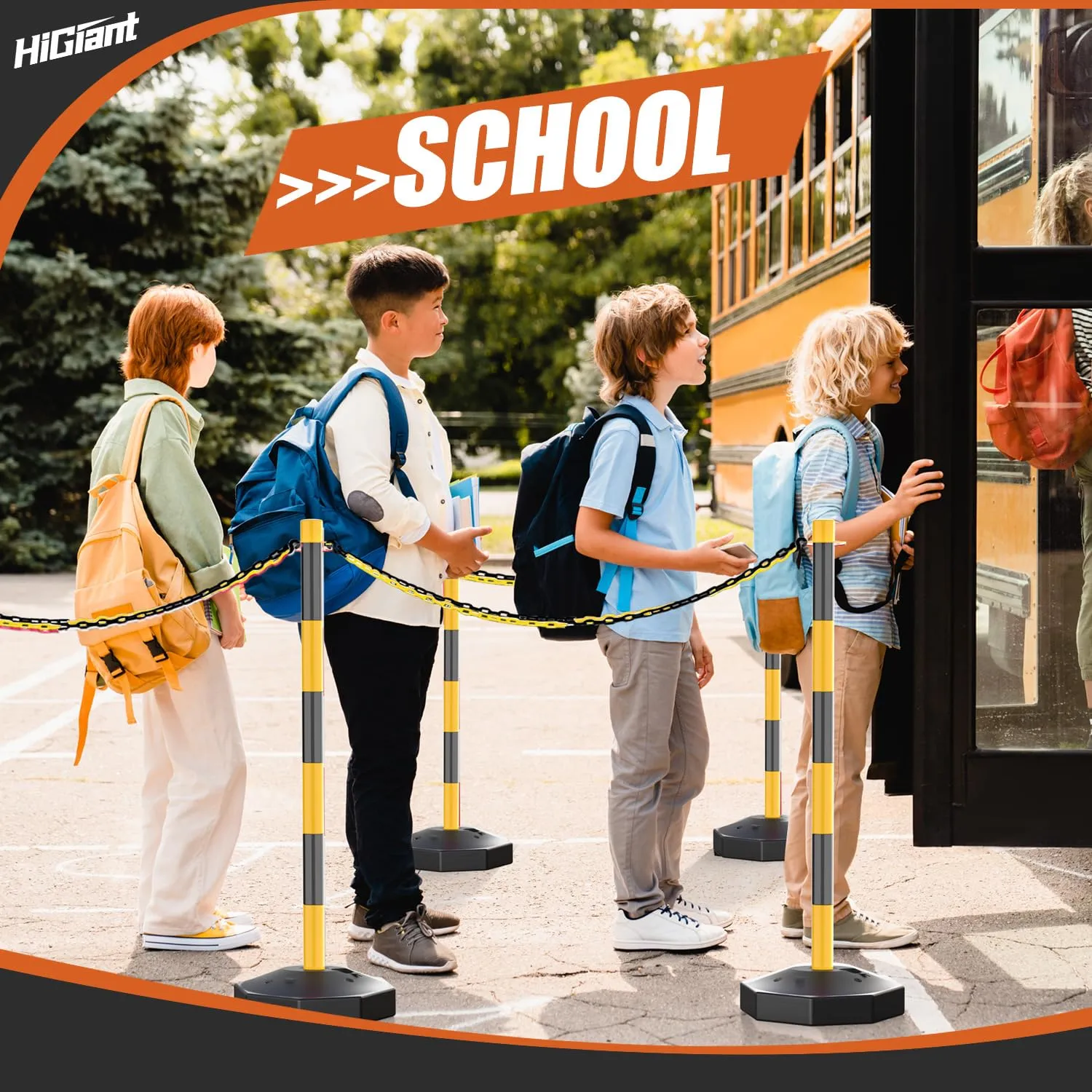 HiGiant 2 Pack Portable Delineator Post Cones with Fillable Base, Expandable Traffic Safety Barriers, 8 Ft Plastic Chain Stanchion for Parking Lot and Construction lot [Black/Yellow]
