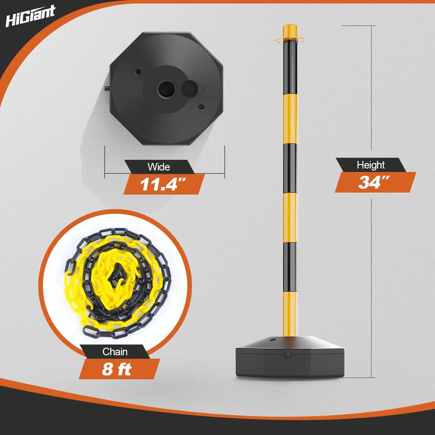 HiGiant 2 Pack Portable Delineator Post Cones with Fillable Base, Expandable Traffic Safety Barriers, 8 Ft Plastic Chain Stanchion for Parking Lot and Construction lot [Black/Yellow]