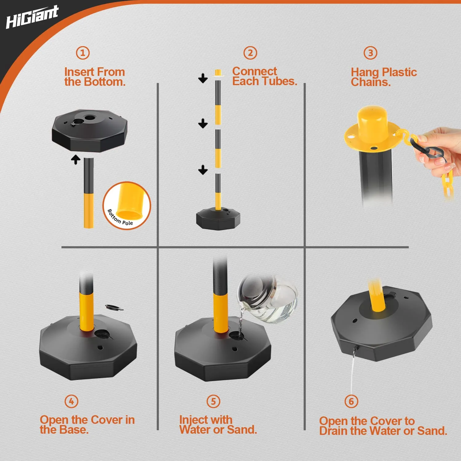 HiGiant 2 Pack Portable Delineator Post Cones with Fillable Base, Expandable Traffic Safety Barriers, 8 Ft Plastic Chain Stanchion for Parking Lot and Construction lot [Black/Yellow]