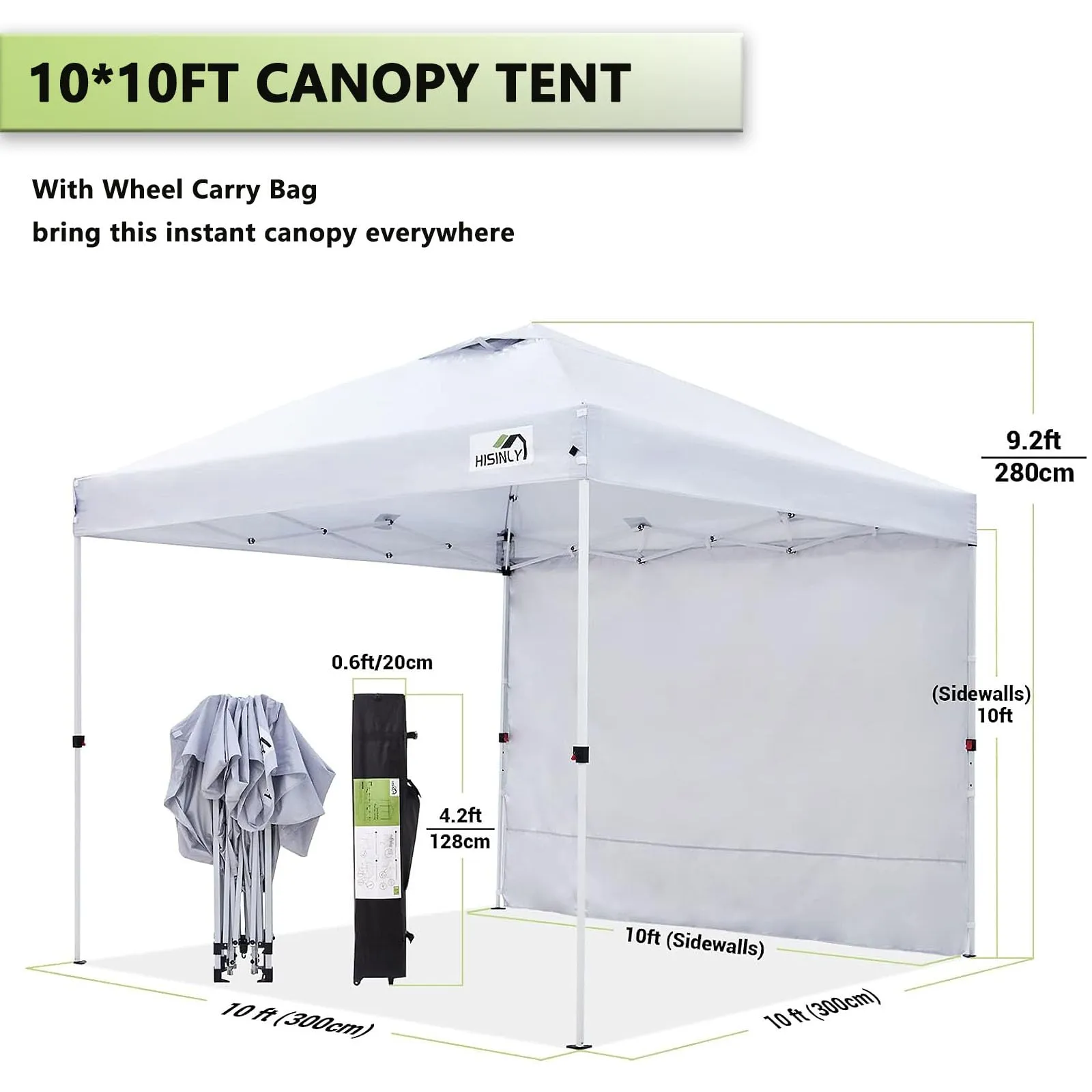 Hisinly 10x10ft Pop Up Canopy Tent with Removable Sidewall, Instant Shade Canopy with Vented Roof for Patio Outdoor Camping with Wheel-Bag, 4 Sand Bags, 8 Stakes