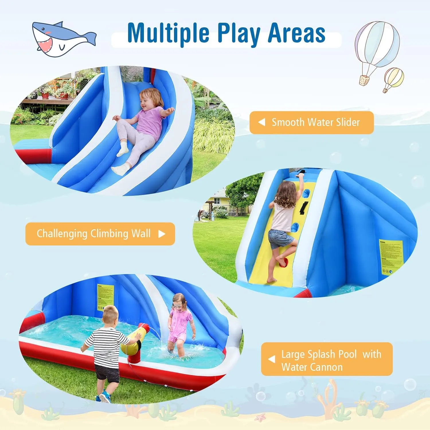 HONEY JOY Inflatable Water Slide, Shark Theme Blow Up Water Park Bounce House for Backyard, Climbing Wall, Indoor Outdoor Waterslides Inflatables for Kids and Adults(Without Blower)