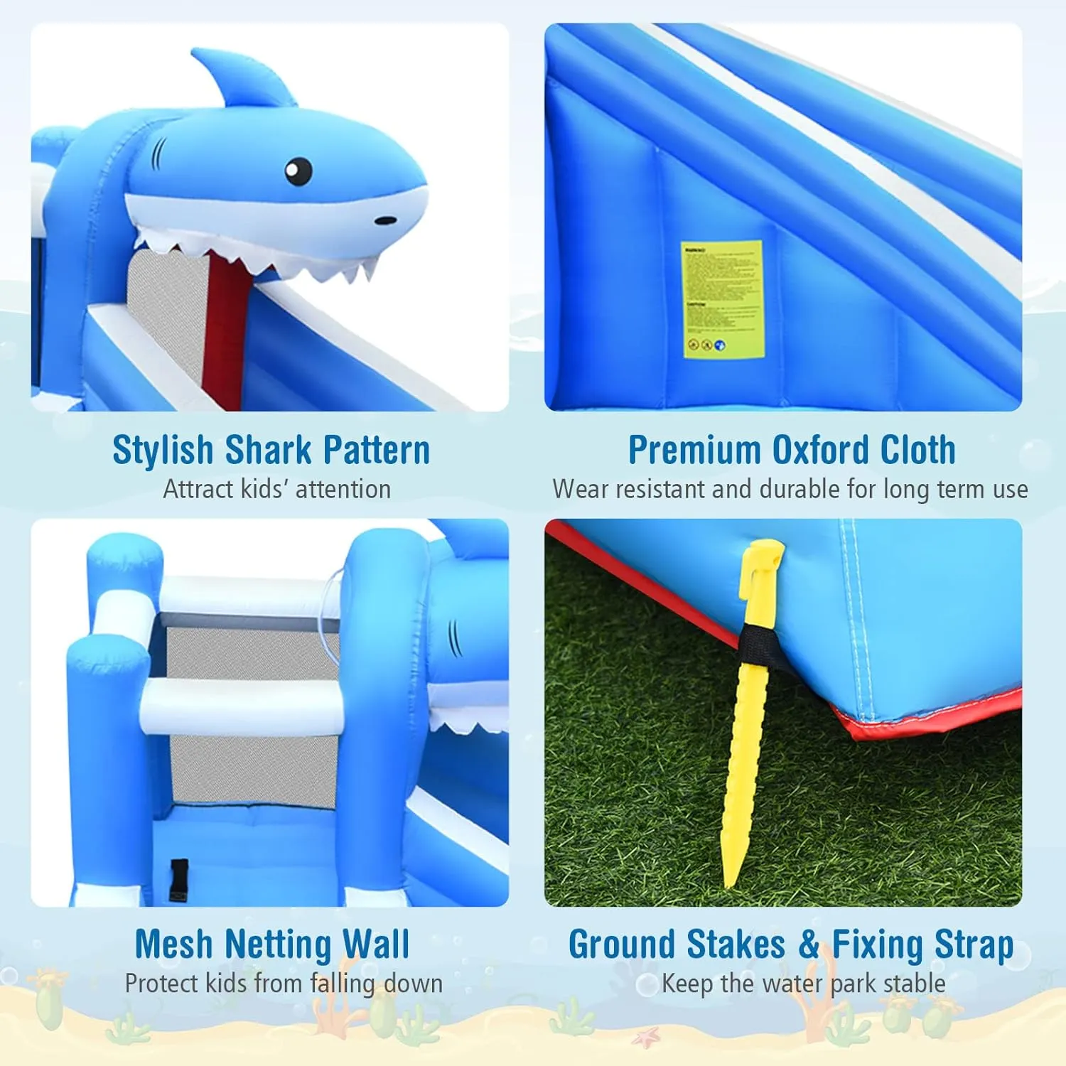 HONEY JOY Inflatable Water Slide, Shark Theme Blow Up Water Park Bounce House for Backyard, Climbing Wall, Indoor Outdoor Waterslides Inflatables for Kids and Adults(Without Blower)