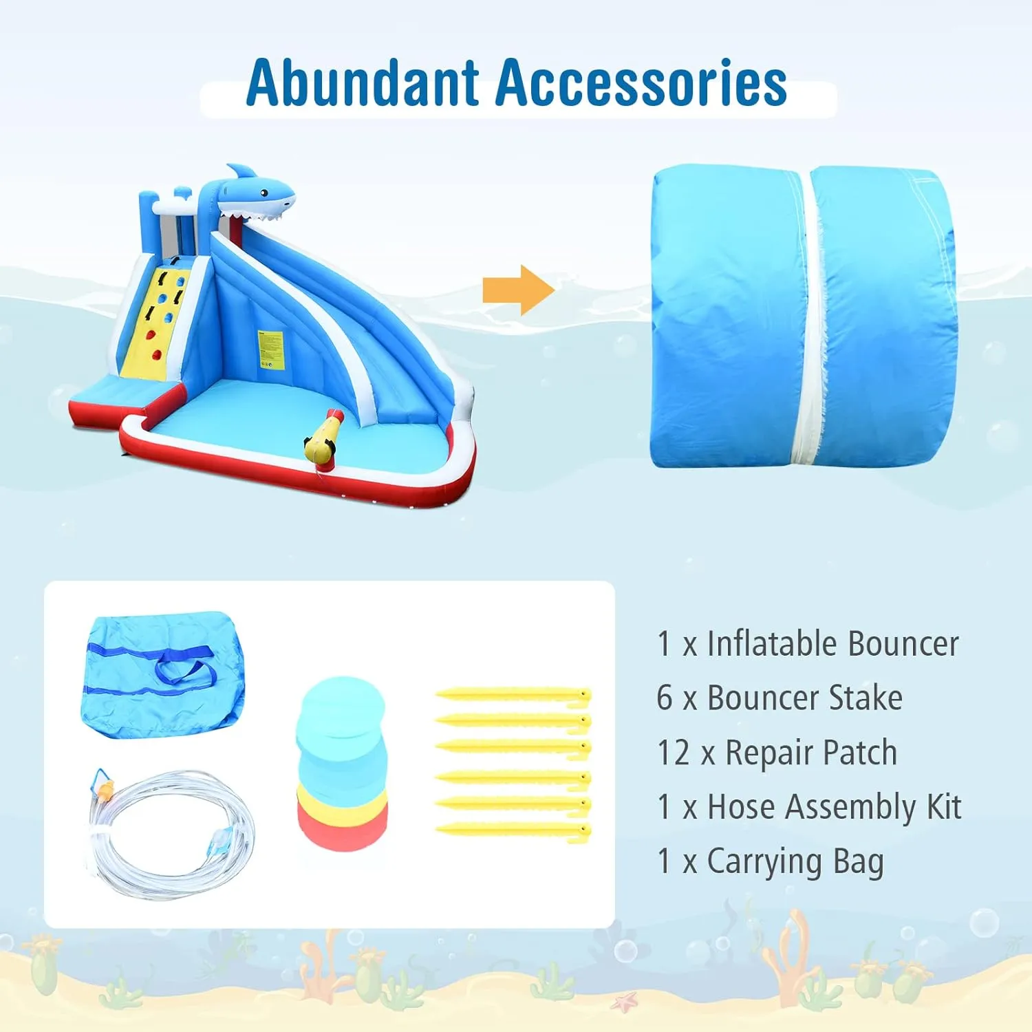 HONEY JOY Inflatable Water Slide, Shark Theme Blow Up Water Park Bounce House for Backyard, Climbing Wall, Indoor Outdoor Waterslides Inflatables for Kids and Adults(Without Blower)