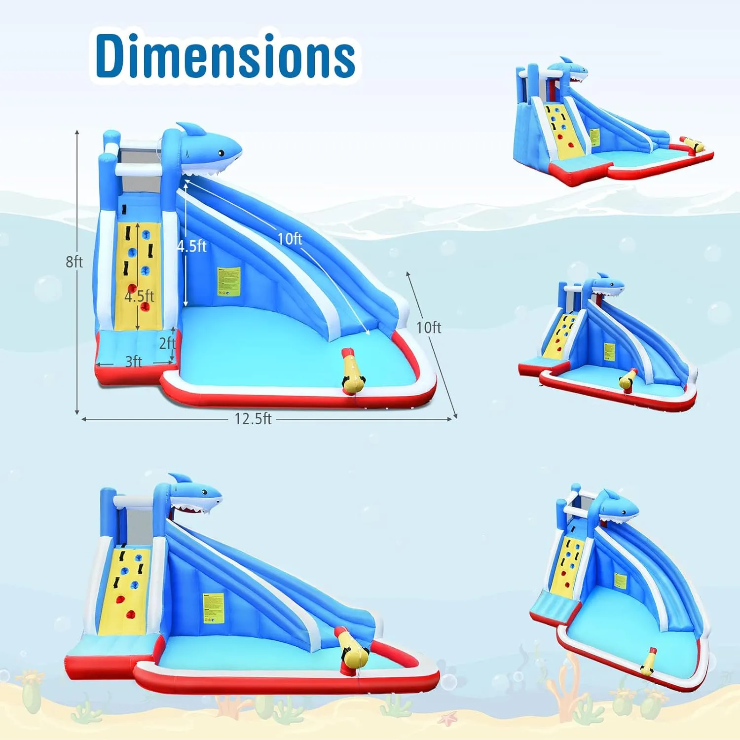 HONEY JOY Inflatable Water Slide, Shark Theme Blow Up Water Park Bounce House for Backyard, Climbing Wall, Indoor Outdoor Waterslides Inflatables for Kids and Adults(Without Blower)