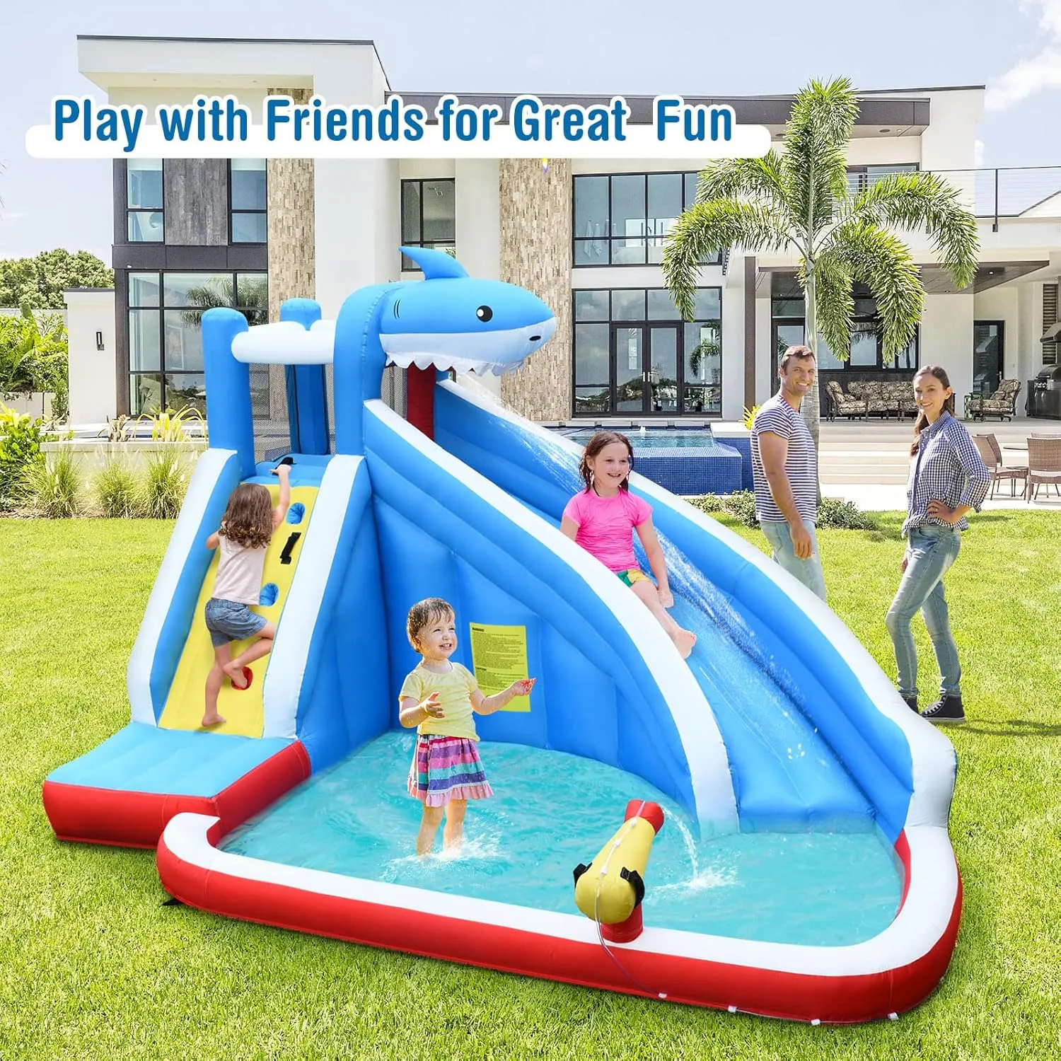 HONEY JOY Inflatable Water Slide, Shark Theme Blow Up Water Park Bounce House for Backyard, Climbing Wall, Indoor Outdoor Waterslides Inflatables for Kids and Adults(Without Blower)