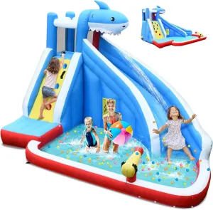 HONEY JOY Inflatable Water Slide, Shark Theme Blow Up Water Park Bounce House for Backyard, Climbing Wall, Indoor Outdoor Waterslides Inflatables for Kids and Adults(Without Blower)