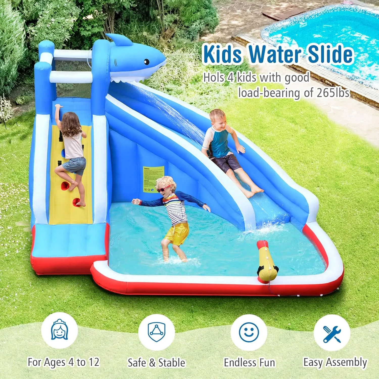 HONEY JOY Inflatable Water Slide, Shark Theme Blow Up Water Park Bounce House for Backyard, Climbing Wall, Indoor Outdoor Waterslides Inflatables for Kids and Adults(Without Blower)