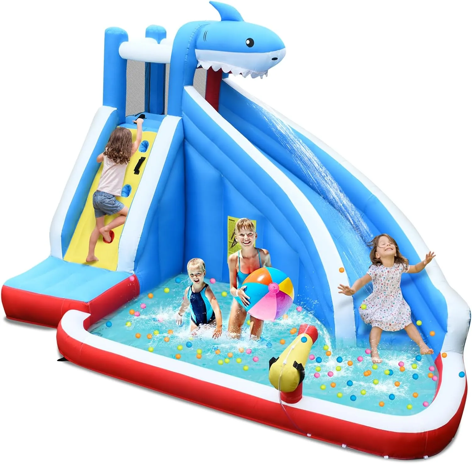 HONEY JOY Inflatable Water Slide, Shark Theme Blow Up Water Park Bounce House for Backyard, Climbing Wall, Indoor Outdoor Waterslides Inflatables for Kids and Adults(Without Blower)