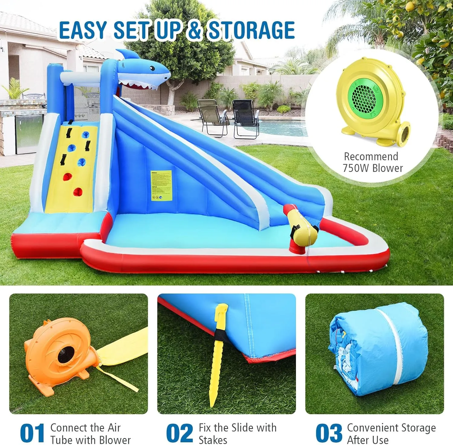 HONEY JOY Inflatable Water Slide, Shark Theme Blow Up Water Park Bounce House for Backyard, Climbing Wall, Indoor Outdoor Waterslides Inflatables for Kids and Adults(Without Blower)