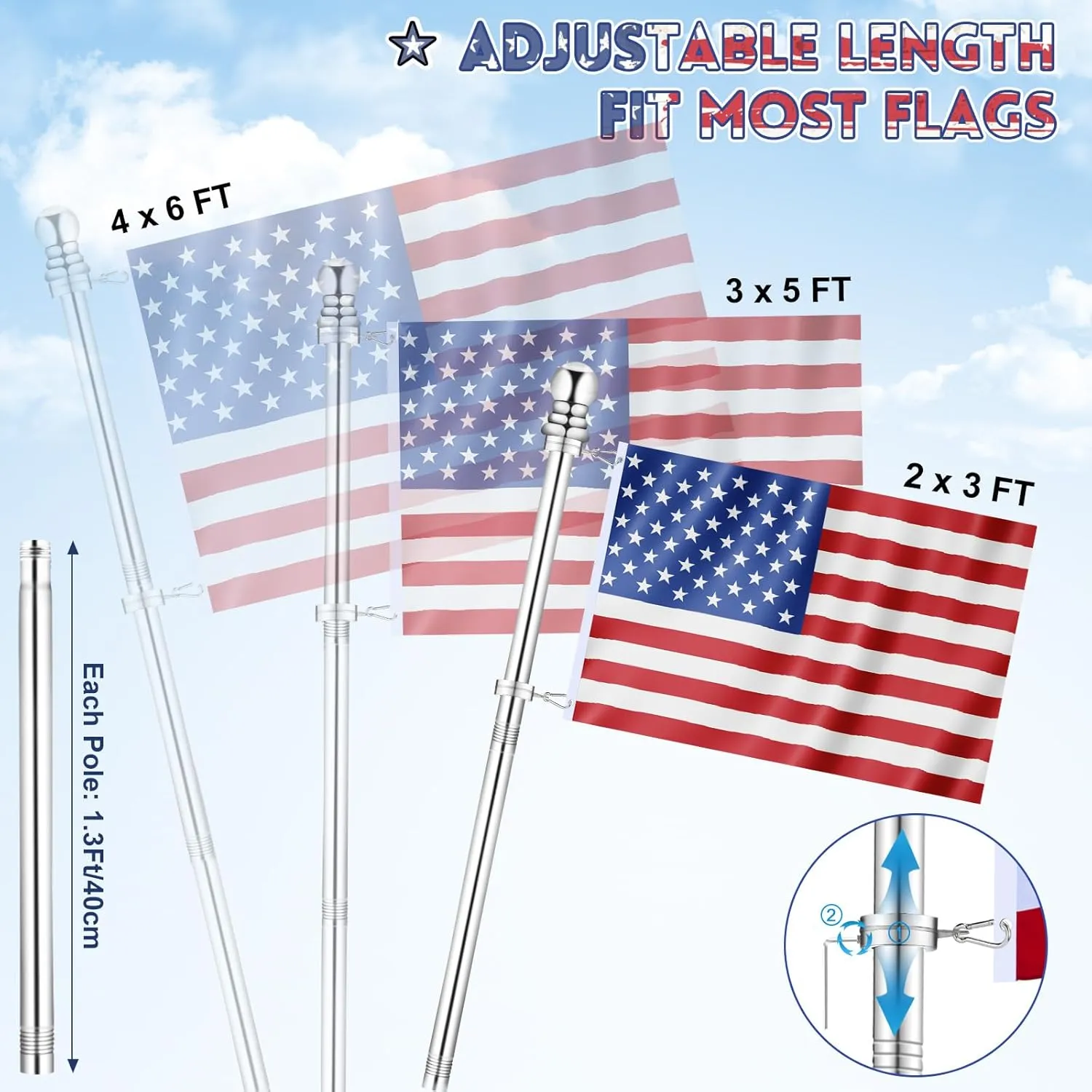 House Flag Pole, REERON 5 FT Metal Spinning Flagpole Kit, 1" Tangle Free Stainless Steel Flag Pole with 360° Flagpole Rings for Outside House Porch Residential Wall Mount for 3x5 Flag, Without Bracket