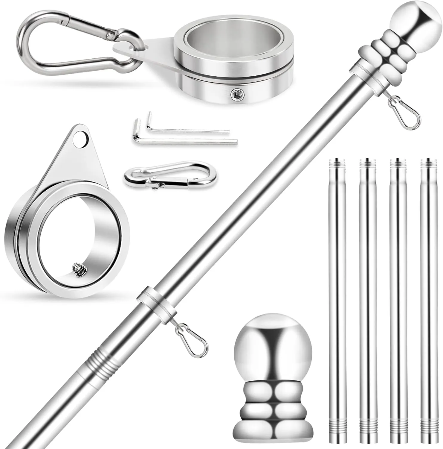 House Flag Pole, REERON 5 FT Metal Spinning Flagpole Kit, 1" Tangle Free Stainless Steel Flag Pole with 360° Flagpole Rings for Outside House Porch Residential Wall Mount for 3x5 Flag, Without Bracket