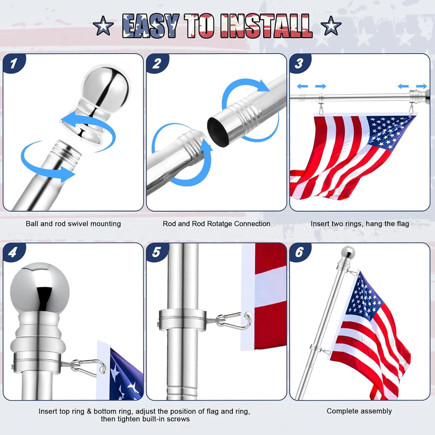 House Flag Pole, REERON 5 FT Metal Spinning Flagpole Kit, 1" Tangle Free Stainless Steel Flag Pole with 360° Flagpole Rings for Outside House Porch Residential Wall Mount for 3x5 Flag, Without Bracket