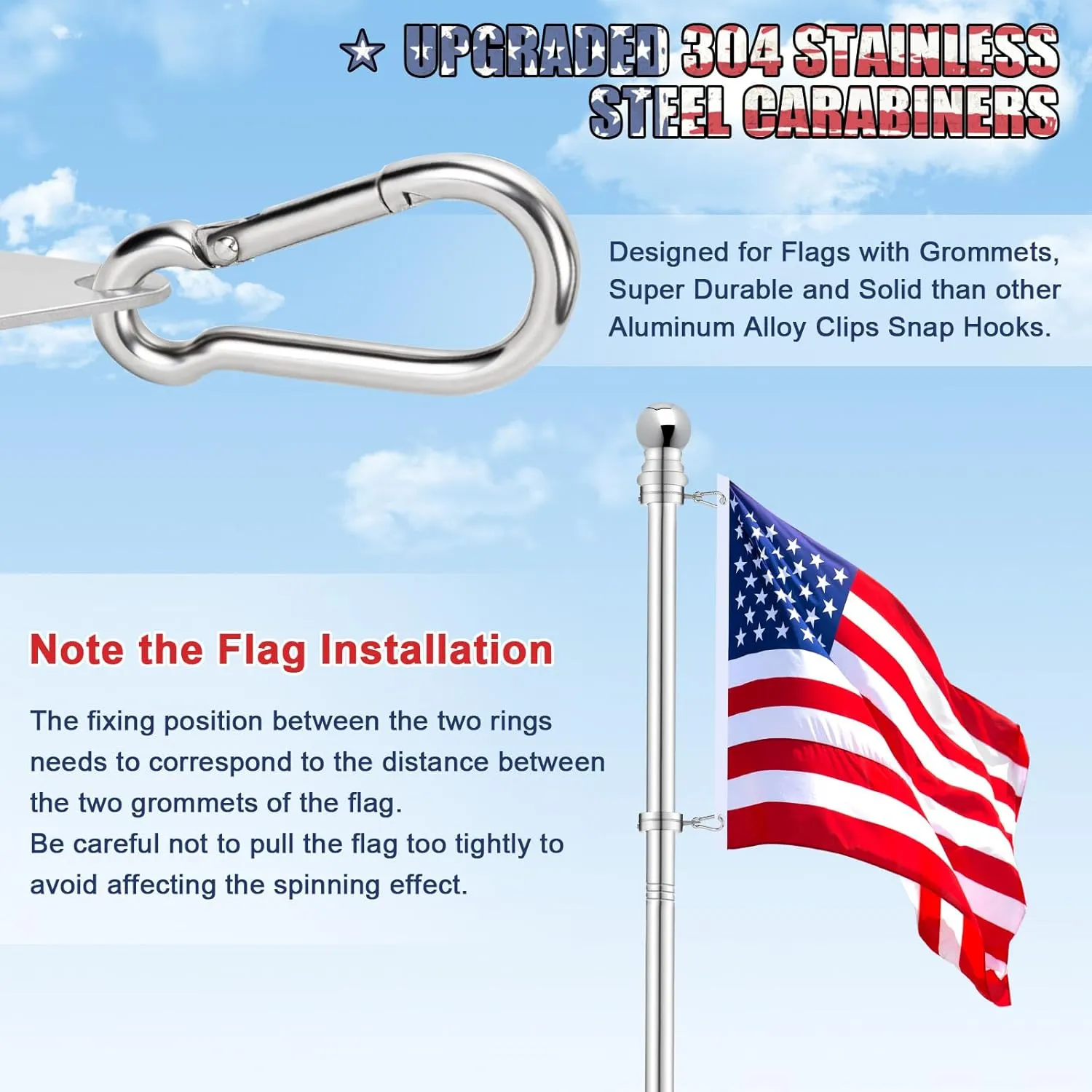 House Flag Pole, REERON 5 FT Metal Spinning Flagpole Kit, 1" Tangle Free Stainless Steel Flag Pole with 360° Flagpole Rings for Outside House Porch Residential Wall Mount for 3x5 Flag, Without Bracket