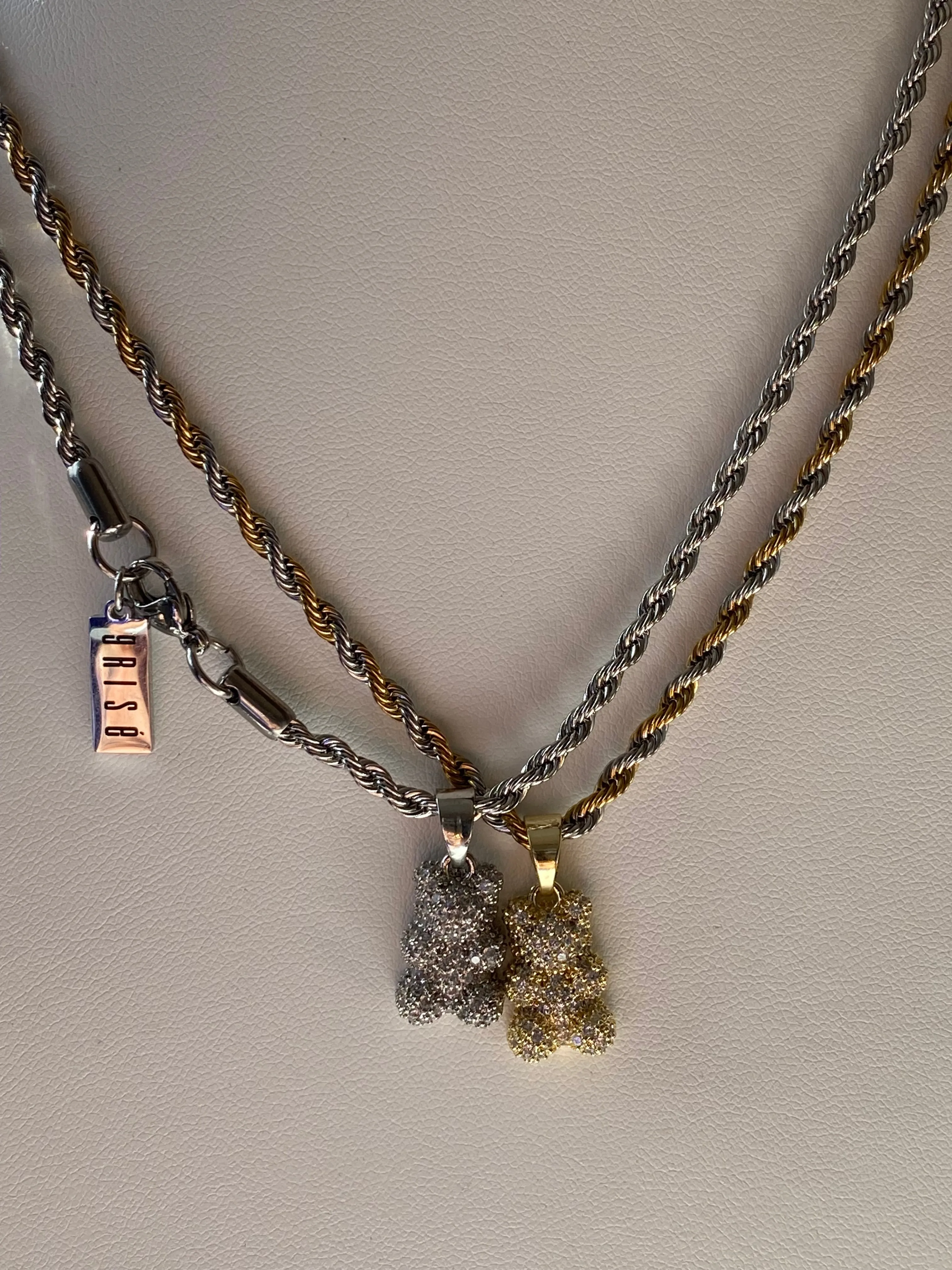 Iced Teddy Bear Pendant Rope Chain Necklace